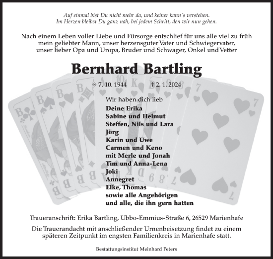 Traueranzeige von Bernhard Bartling von Ostfriesischer Kurier