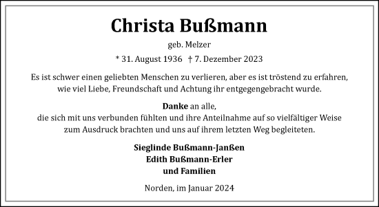 Traueranzeige von Christa Bußmann von Ostfriesischer Kurier
