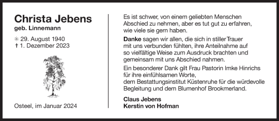Traueranzeige von Christa Jebens von Ostfriesischer Kurier