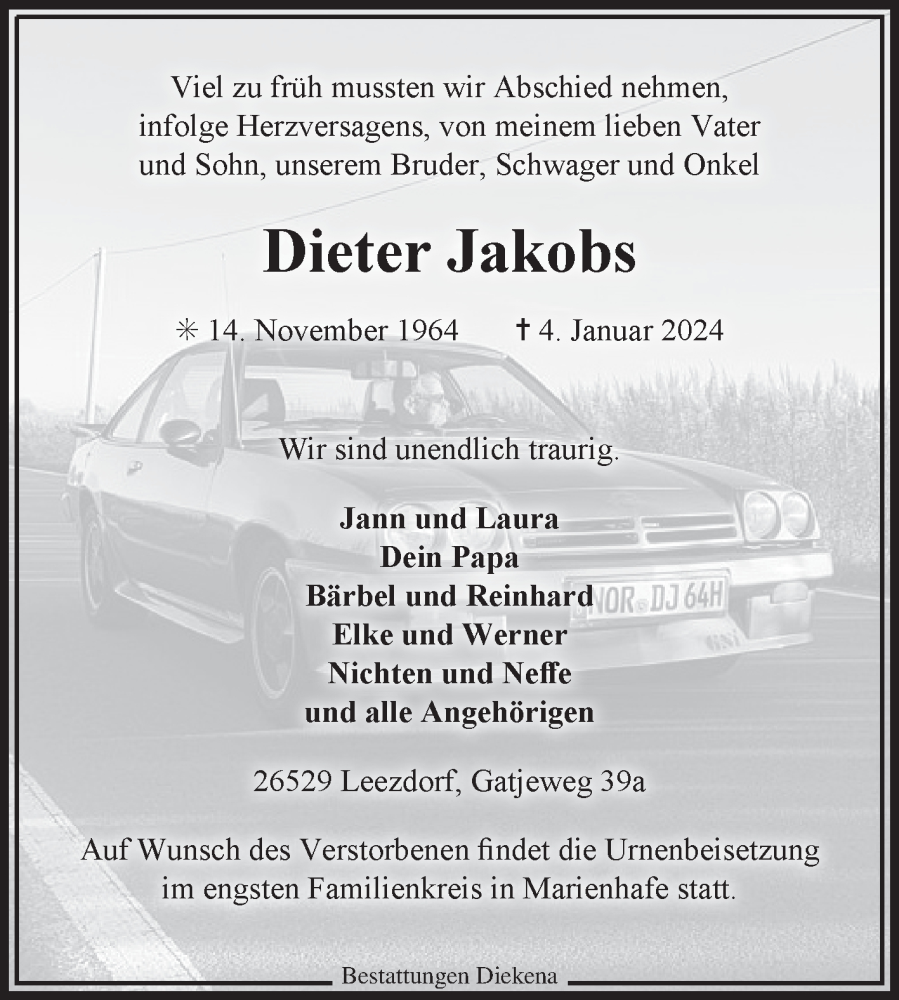  Traueranzeige für Dieter Jakobs vom 09.01.2024 aus Ostfriesischer Kurier