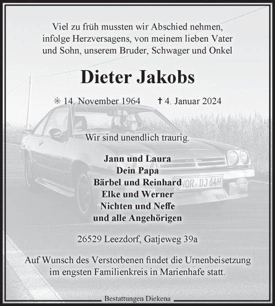 Traueranzeige von Dieter Jakobs von Ostfriesischer Kurier