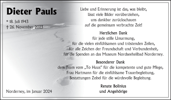 Traueranzeige von Dieter Pauls von Ostfriesischer Kurier
