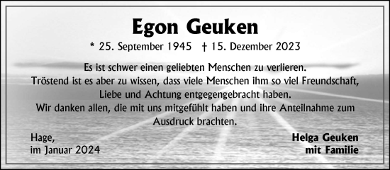 Traueranzeige von Egon Geuken von Ostfriesischer Kurier