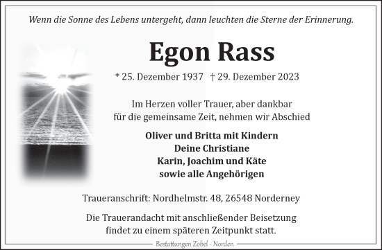 Traueranzeige von Egon Rass von Ostfriesischer Kurier