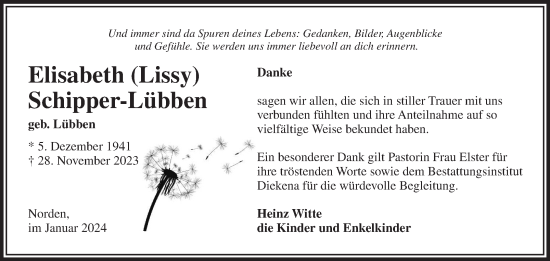 Traueranzeige von Elisabeth Schipper-Lübben von Ostfriesischer Kurier