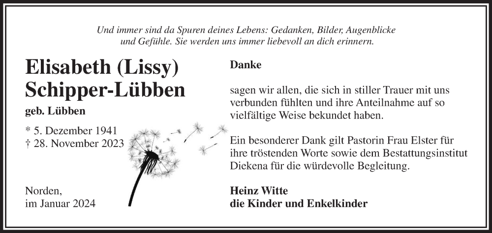  Traueranzeige für Elisabeth Schipper-Lübben vom 13.01.2024 aus Ostfriesischer Kurier