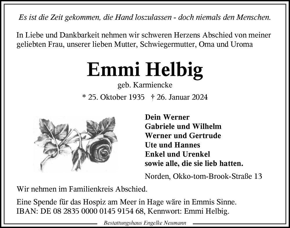  Traueranzeige für Emmi Helbig vom 29.01.2024 aus Ostfriesischer Kurier