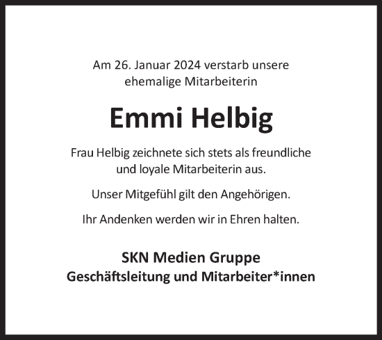 Traueranzeige von Emmi Helbig von Ostfriesischer Kurier