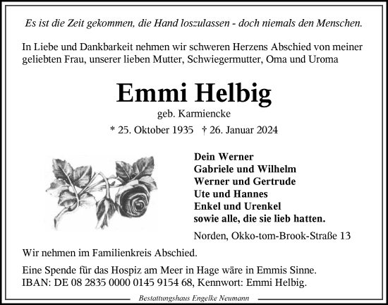 Traueranzeige von Emmi Helbig von Ostfriesischer Kurier