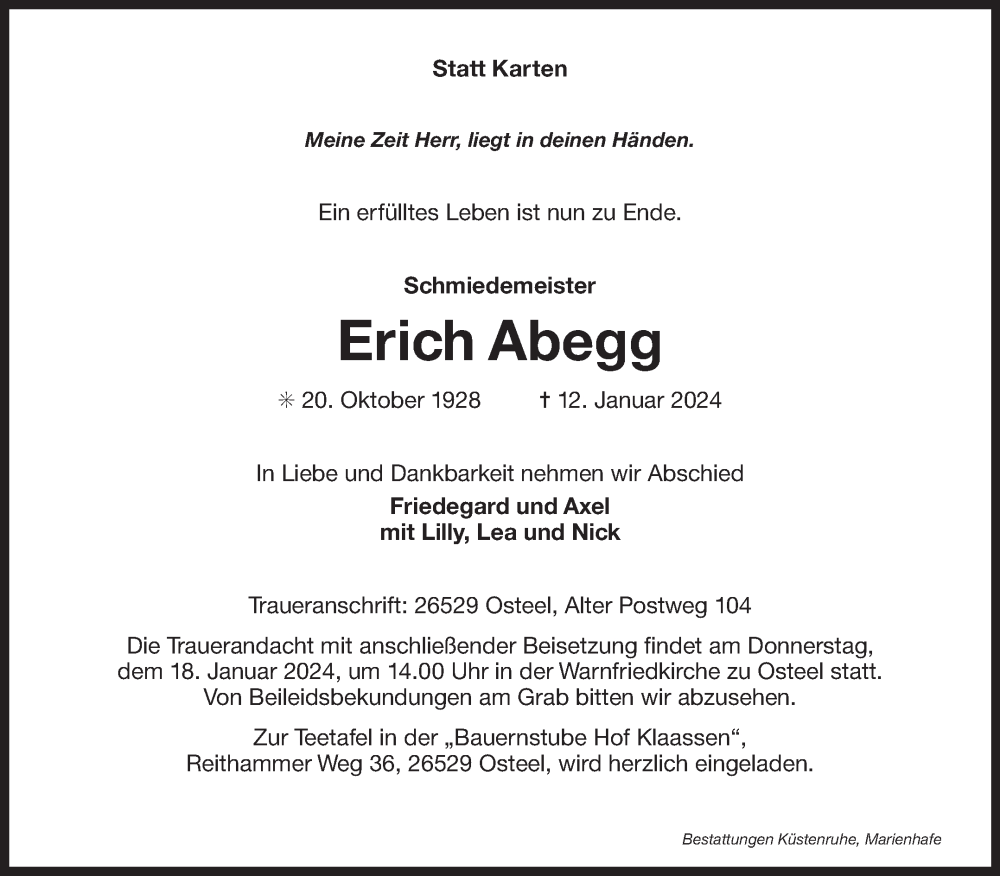  Traueranzeige für Erich Abegg vom 16.01.2024 aus Ostfriesischer Kurier