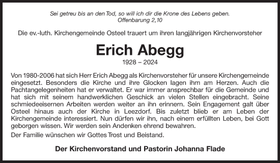 Traueranzeige von Erich Abegg von Ostfriesischer Kurier