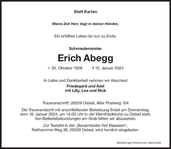Traueranzeige von Erich Abegg von Ostfriesischer Kurier