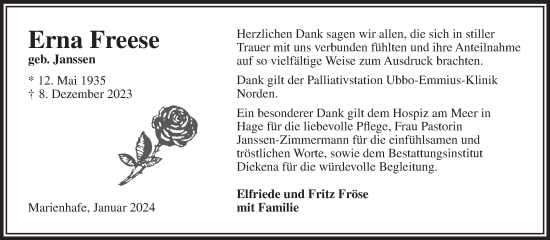 Traueranzeige von Erna Freese von Ostfriesischer Kurier