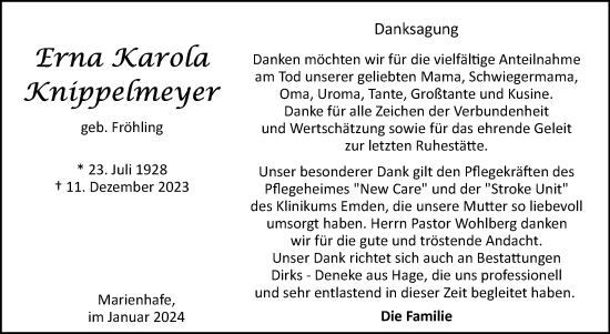 Traueranzeige von Erna Karola Knippelmeyer von Ostfriesischer Kurier