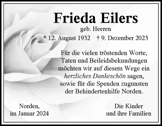 Traueranzeige von Frieda Eilers von Ostfriesischer Kurier