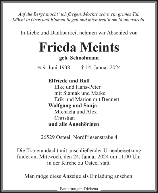 Traueranzeige von Frieda Meints von Ostfriesischer Kurier