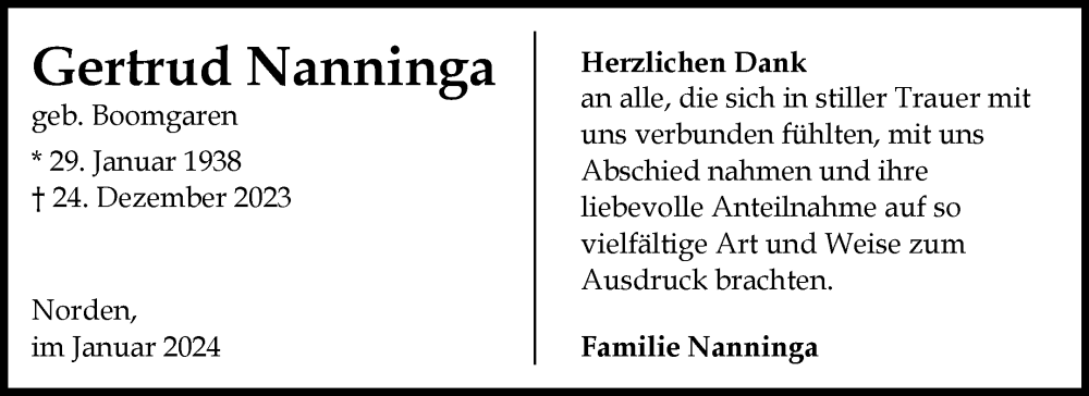  Traueranzeige für Gertrud Nanninga vom 27.01.2024 aus Ostfriesischer Kurier