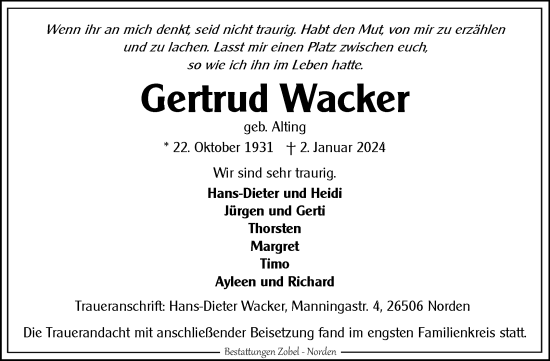 Traueranzeige von Gertrud Wacker von Ostfriesischer Kurier