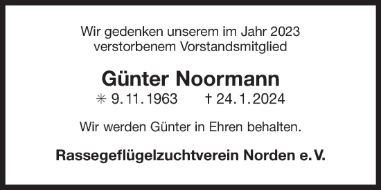Traueranzeige von Günter Noormann von Ostfriesischer Kurier