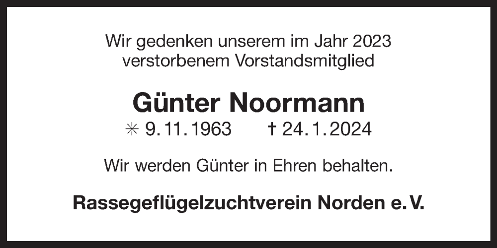  Traueranzeige für Günter Noormann vom 27.01.2024 aus Ostfriesischer Kurier