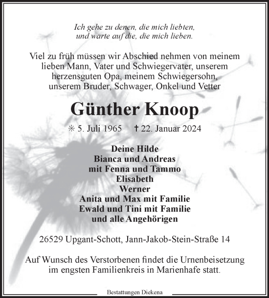Traueranzeige von Günther Knoop von Ostfriesischer Kurier