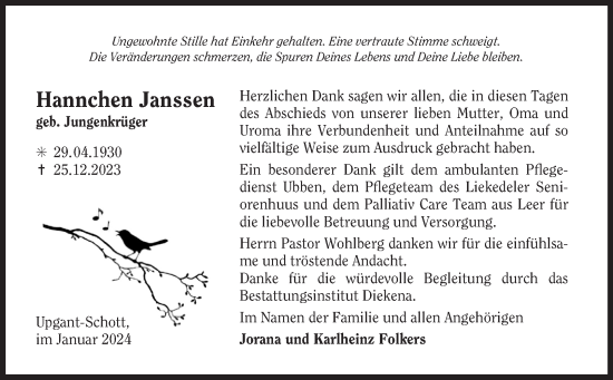 Traueranzeige von Hannchen Janssen von Ostfriesischer Kurier