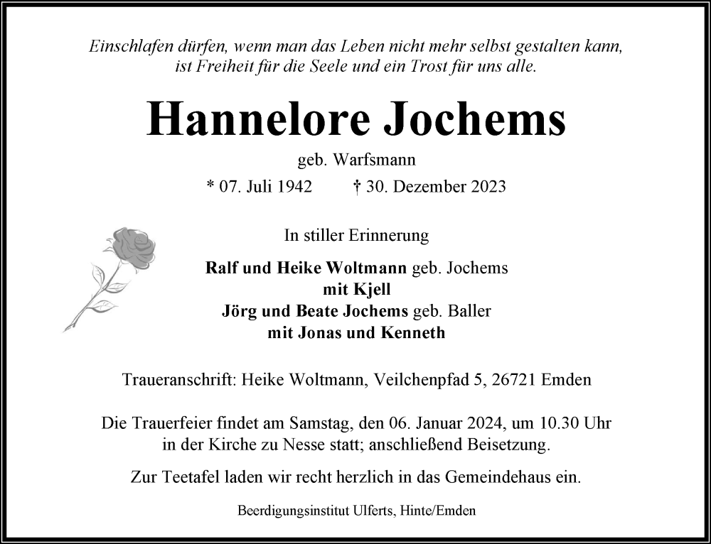  Traueranzeige für Hannelore Jochems vom 03.01.2024 aus Ostfriesischer Kurier