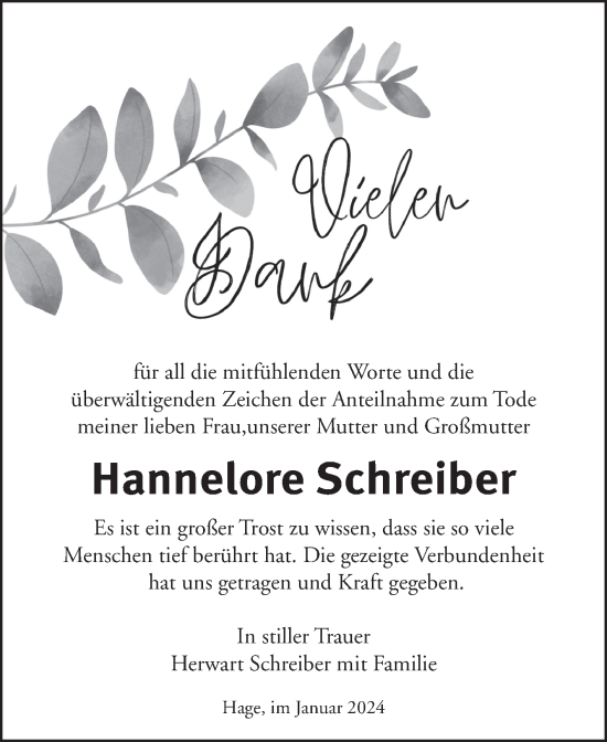 Traueranzeige von Hannelore Schreiber von Ostfriesischer Kurier