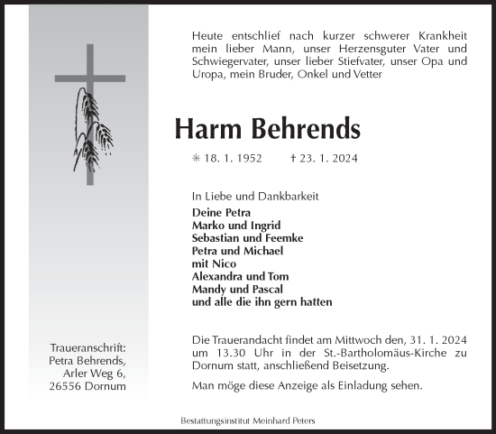 Traueranzeige von Harm Behrends von Ostfriesischer Kurier