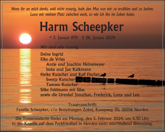 Traueranzeige von Harm Scheepker von Ostfriesischer Kurier