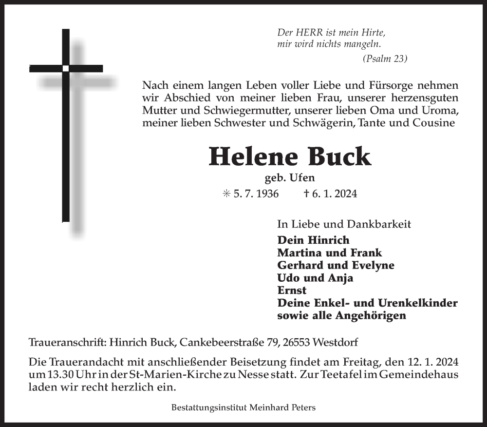  Traueranzeige für Helene Buck vom 10.01.2024 aus Ostfriesischer Kurier