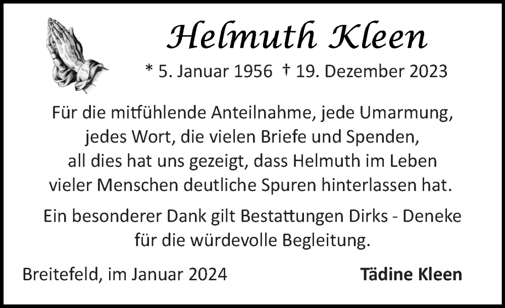  Traueranzeige für Helmuth Kleen vom 20.01.2024 aus Ostfriesischer Kurier