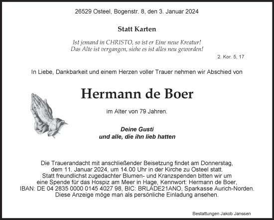 Traueranzeige von Hermann de Boer von Ostfriesischer Kurier