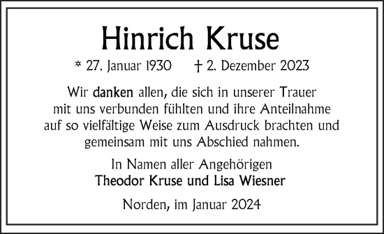 Traueranzeige von Hinrich Kruse von Ostfriesischer Kurier