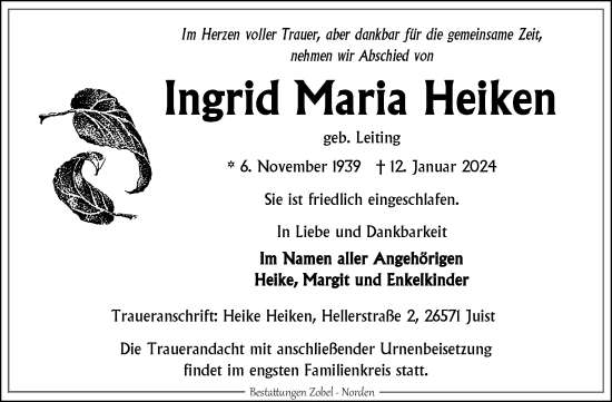 Traueranzeige von Ingrid Maria Heiken von Ostfriesischer Kurier