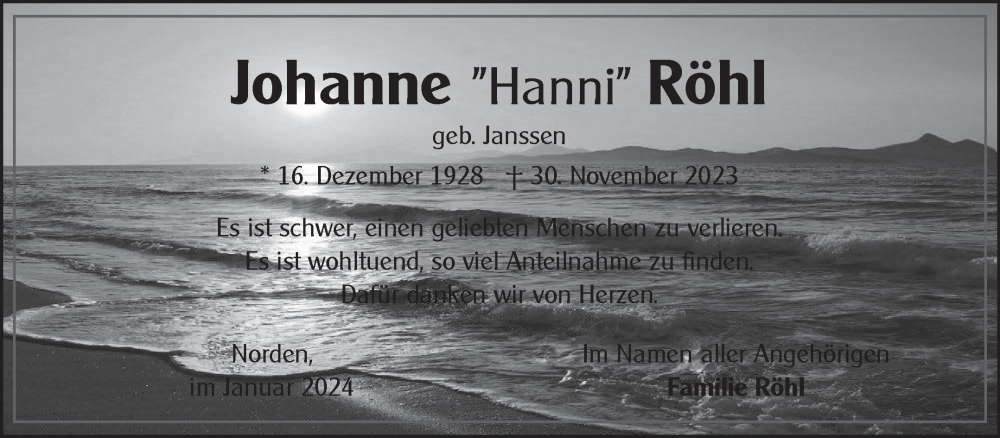 Traueranzeige für Johanne Röhl vom 13.01.2024 aus Ostfriesischer Kurier