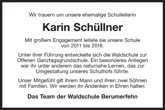 Traueranzeige von Karin Schüllner von Ostfriesischer Kurier