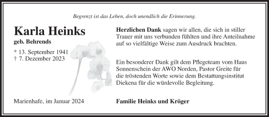 Traueranzeige von Karla Heinks von Ostfriesischer Kurier
