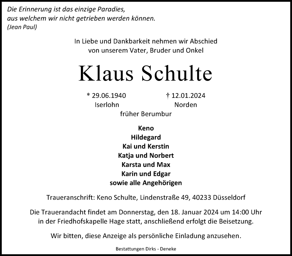  Traueranzeige für Klaus Schulte vom 15.01.2024 aus Ostfriesischer Kurier