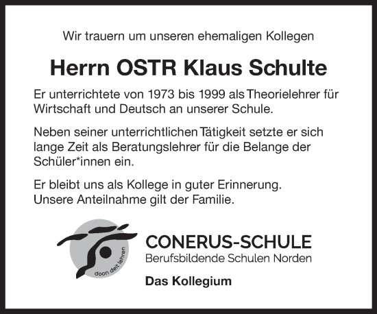 Traueranzeige von Klaus Schulte von Ostfriesischer Kurier