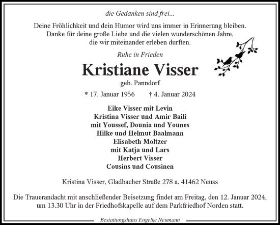 Traueranzeige von Kristiane Visser von Ostfriesischer Kurier
