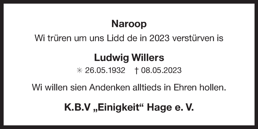  Traueranzeige für Ludwig Willers vom 09.01.2024 aus Ostfriesischer Kurier