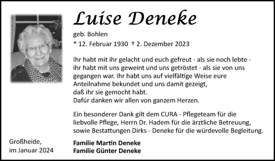 Traueranzeige von Luise Deneke von Ostfriesischer Kurier