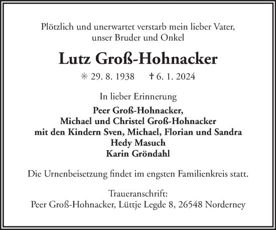 Traueranzeige von Lutz Groß-Hohnacker von Ostfriesischer Kurier
