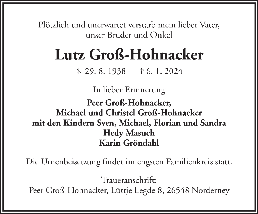  Traueranzeige für Lutz Groß-Hohnacker vom 13.01.2024 aus Ostfriesischer Kurier