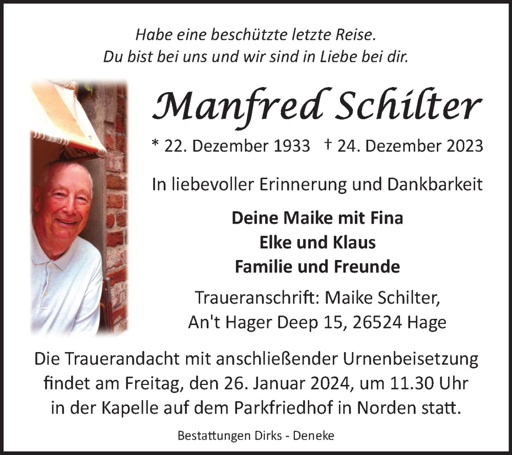  Traueranzeige für Manfred Schilter vom 06.01.2024 aus Ostfriesischer Kurier