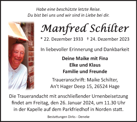 Traueranzeige von Manfred Schilter von Ostfriesischer Kurier