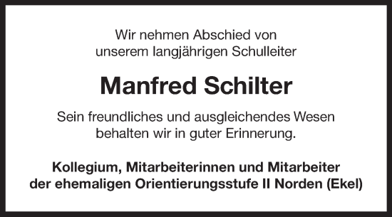Traueranzeige von Manfred Schilter von Ostfriesischer Kurier