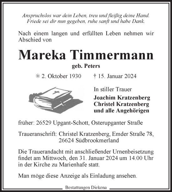 Traueranzeige von Mareka Timmermann von Ostfriesischer Kurier
