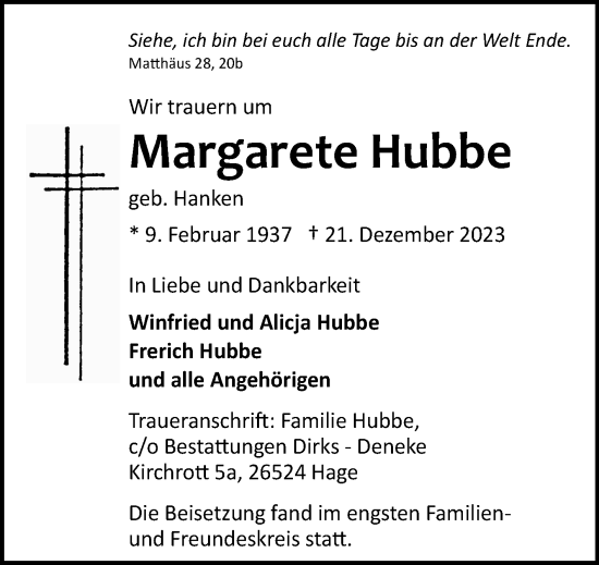 Traueranzeige von Margarete Hubbe von Ostfriesischer Kurier